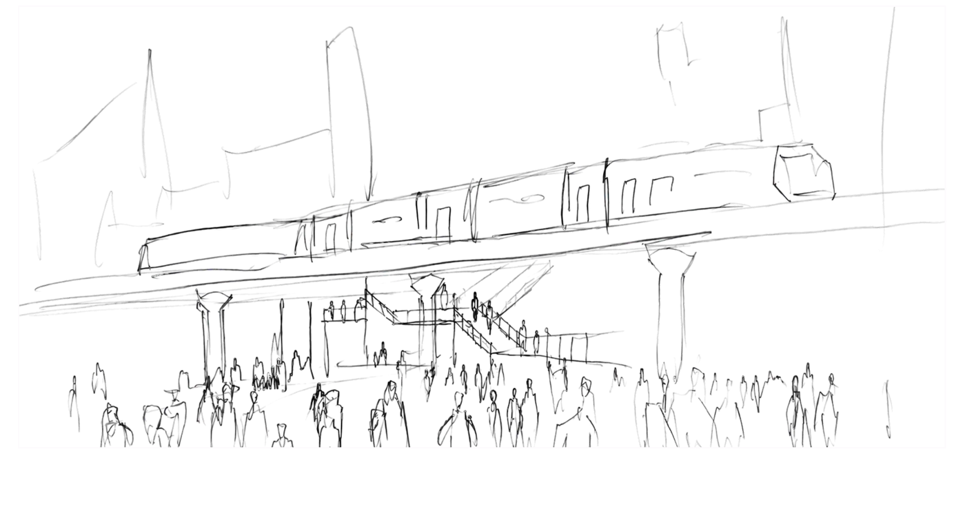 Line sketch of a railway platform and elevated train, hand drawn