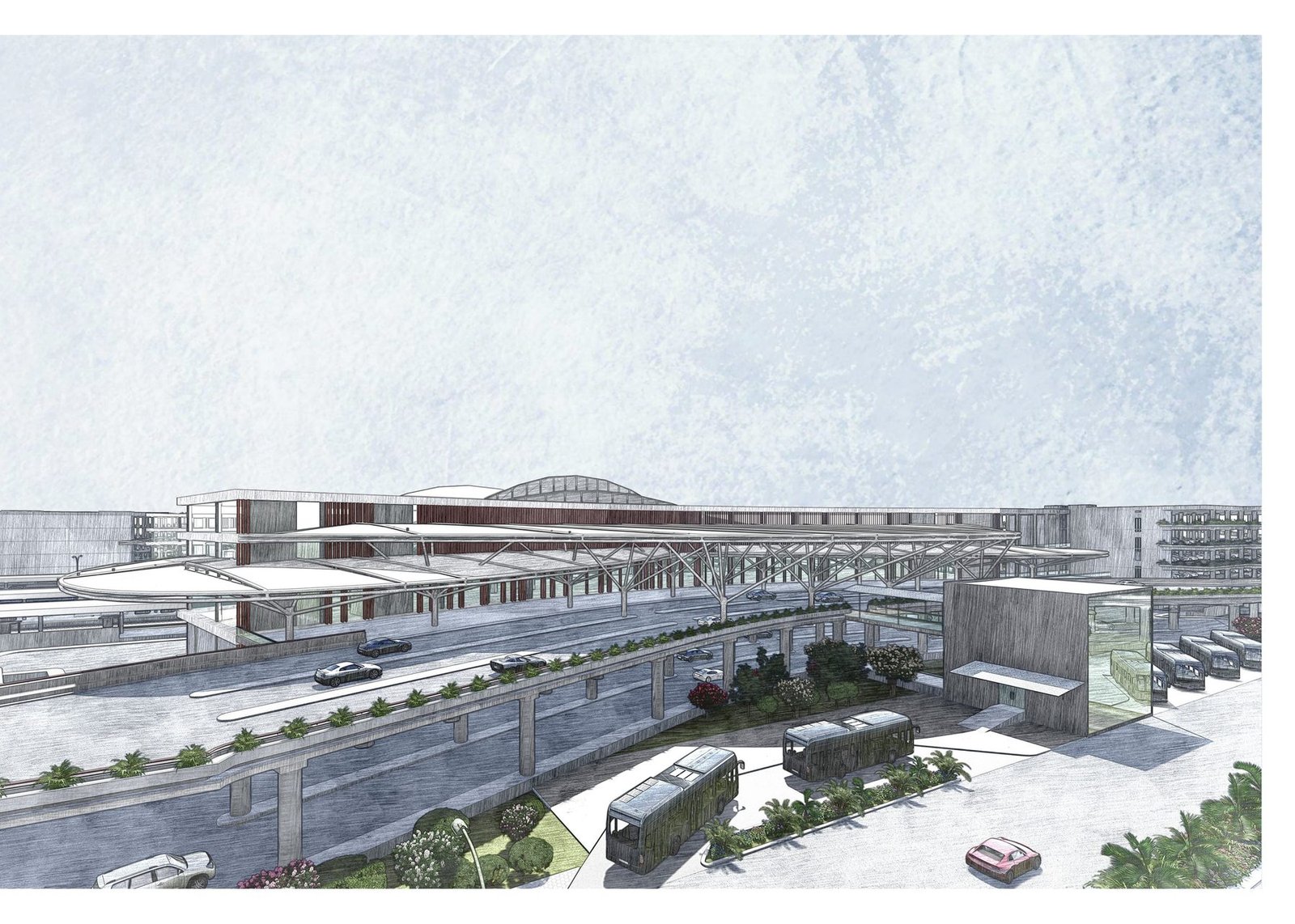 Architectural render of the redeveloped Faridabad Railway Station showing the split-level station and forecourt