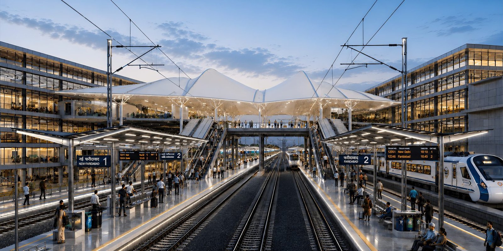 Interior render of the station concourse at dusk beneath a tensile canopy roof
