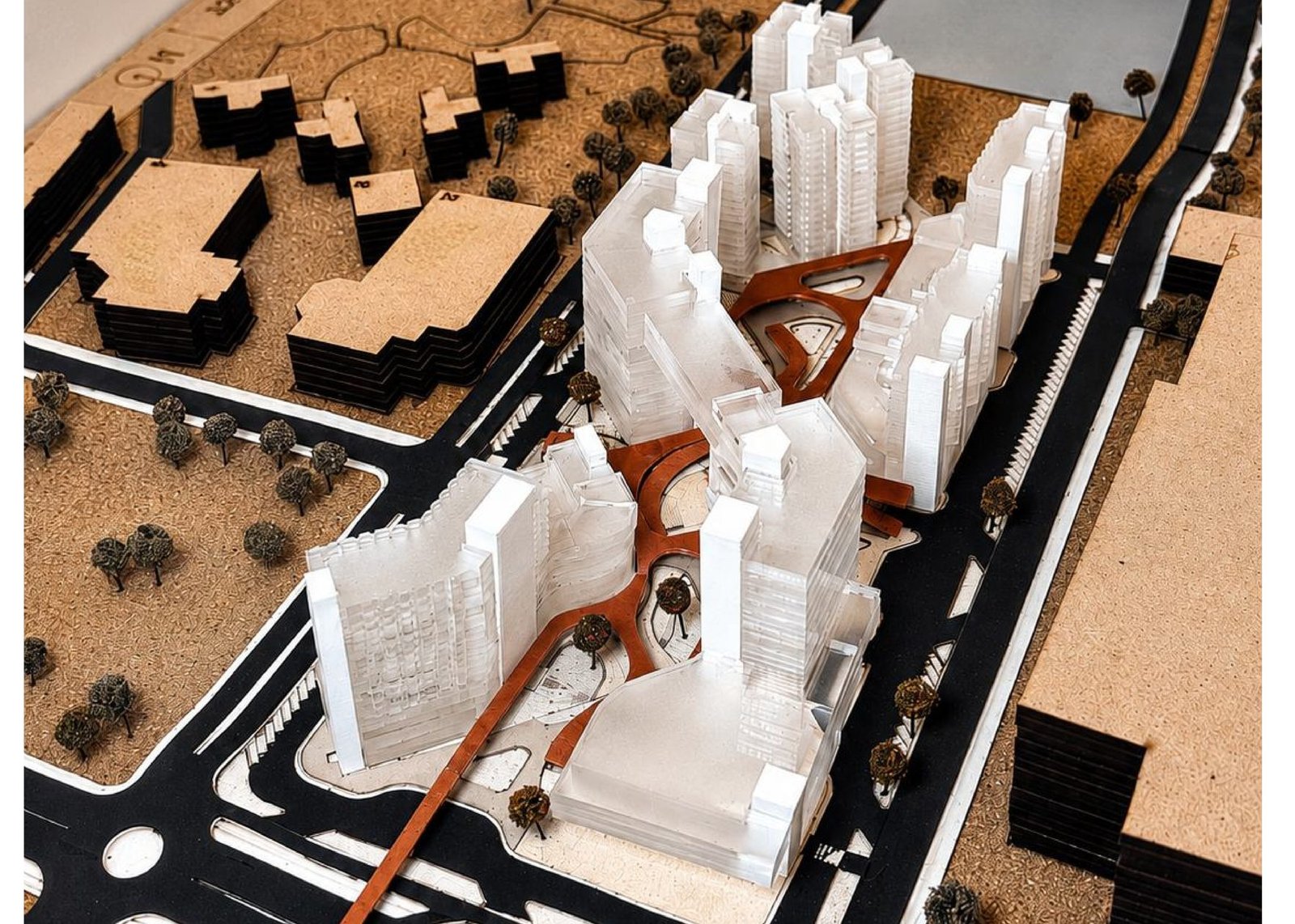 Physical model of the East Central mixed-use urban district showing towers and landscaped courts