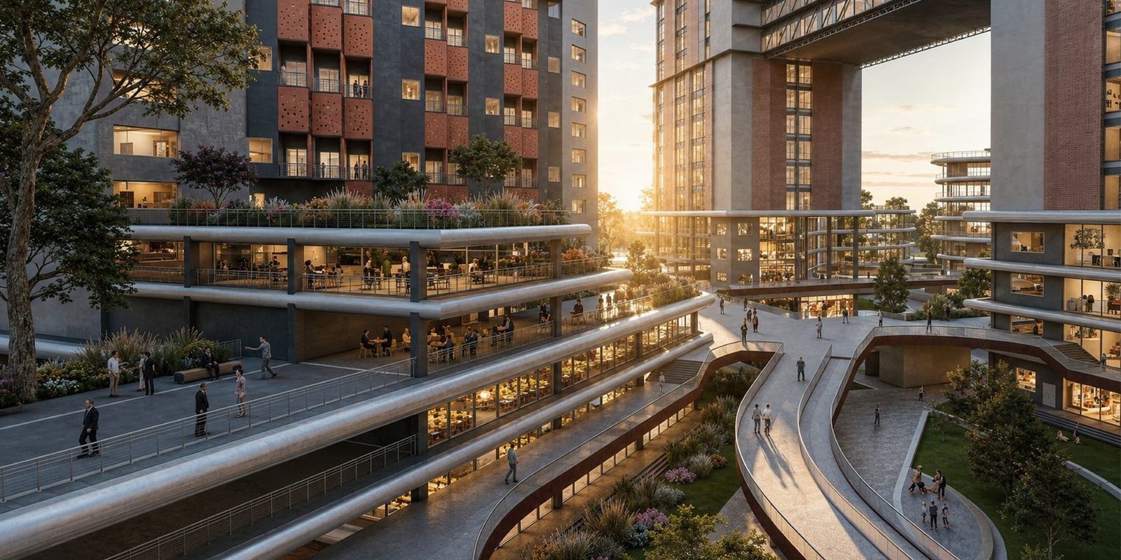 Render of an elevated pedestrian walkway and retail podium at golden hour