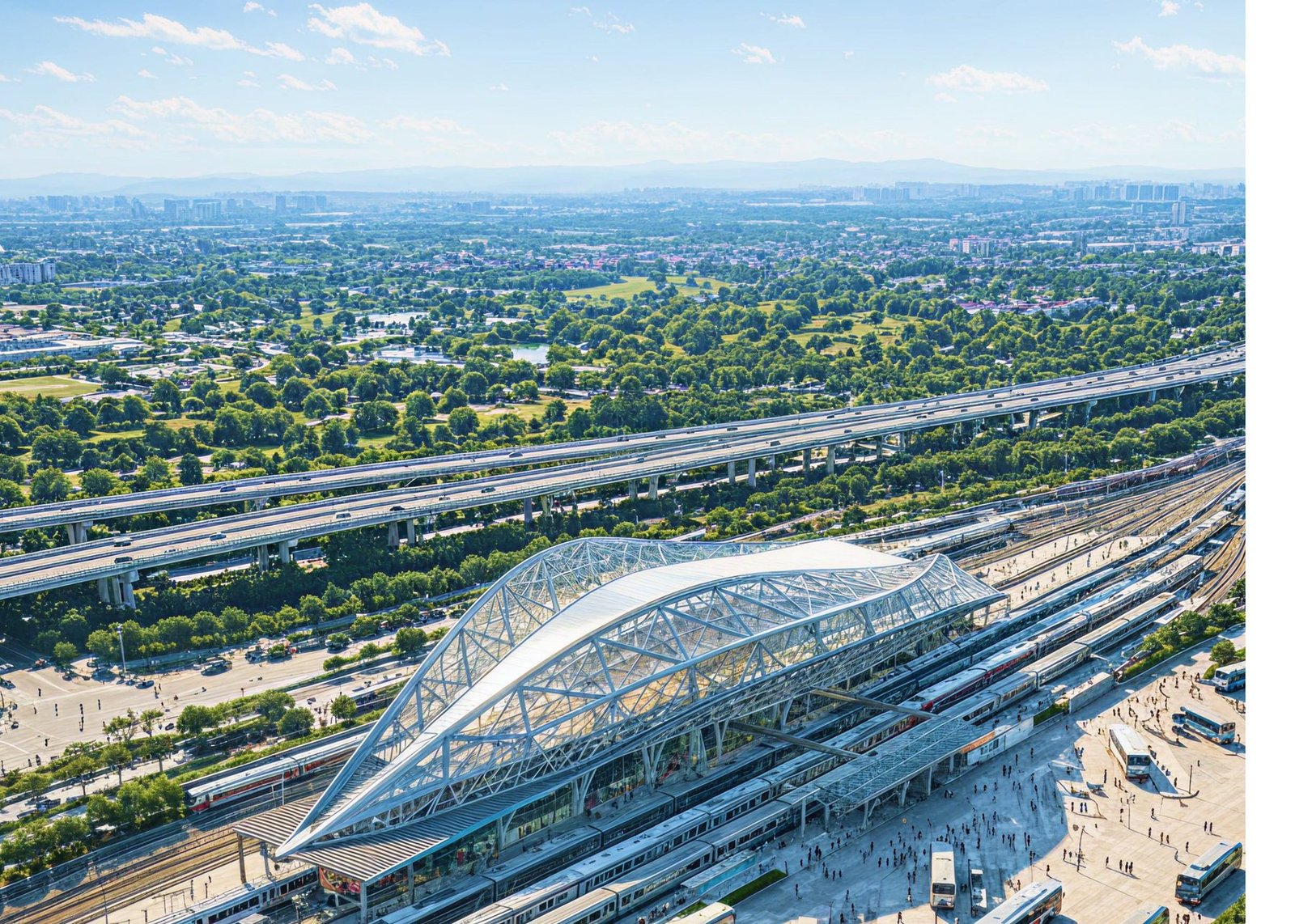 Aerial render of the Indore Confluence multimodal transit hub with a large-span roof over the station