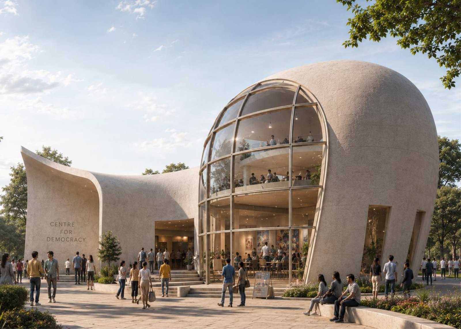 Exterior render of the Centre for Democracy, a sculptural civic building in Connaught Place with a glazed central volume