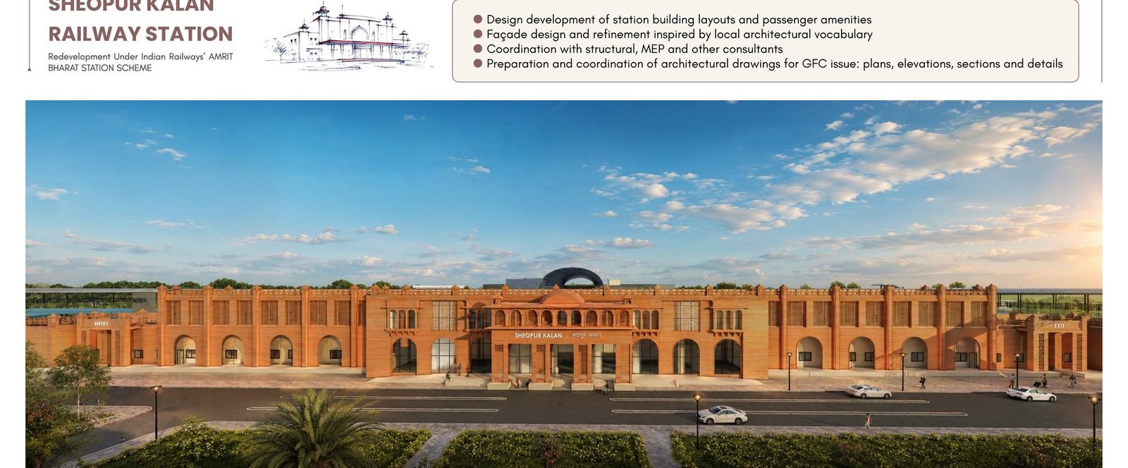 Render of the redeveloped Sheopur Kalan Railway Station with a brick facade inspired by local architectural vocabulary