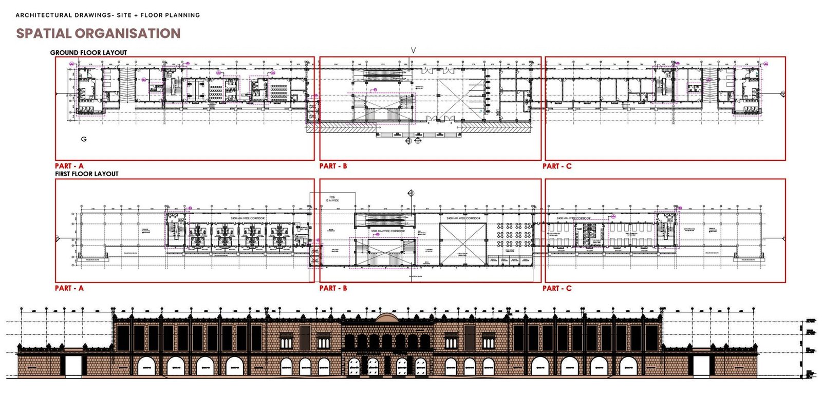 GFC architectural drawing sheet showing floor layouts and elevation for the station building