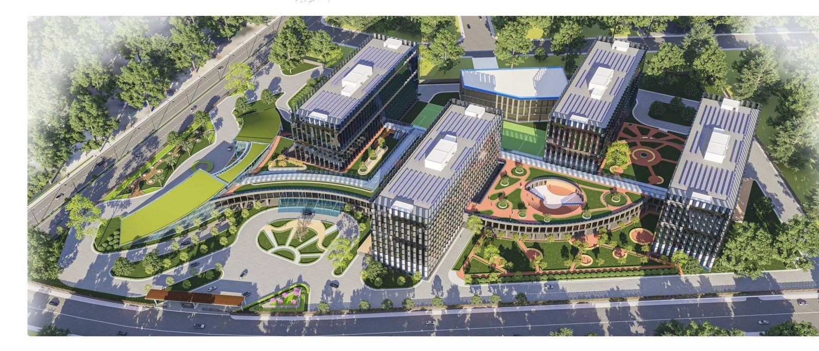 Aerial render of the TCS Bengal Silicon Valley IT campus with landscaped courtyards between towers